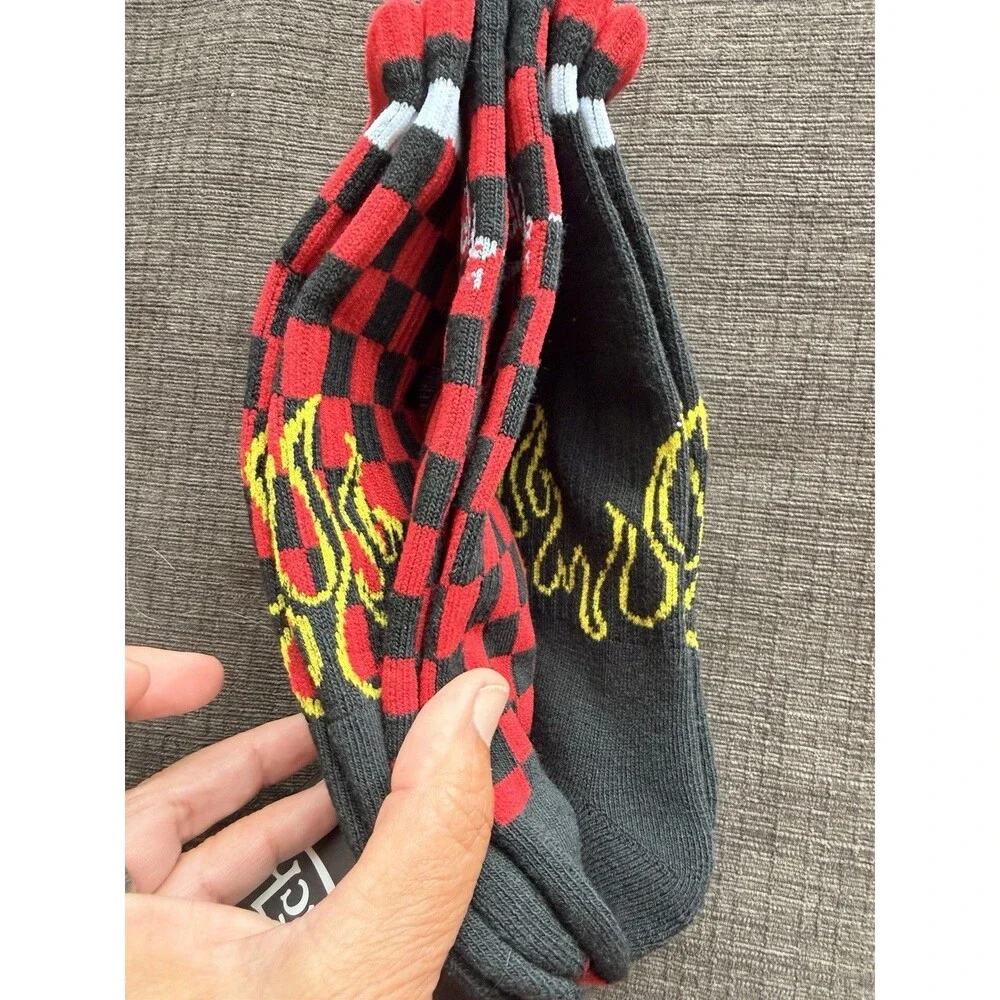 NWT Von Dutch Men's Crew Socks 3 Pairs Black Red Yellow White Check Flame Design